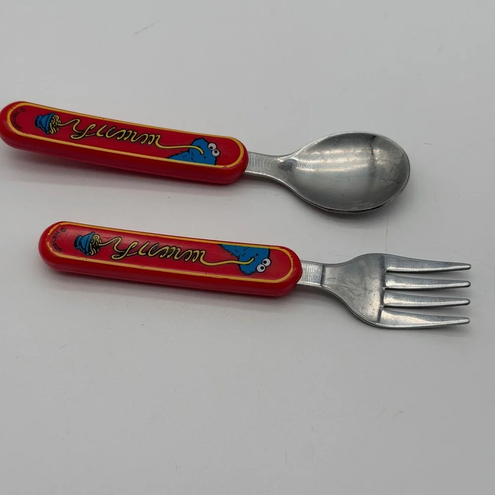 Vintage Sesame Street Cookie Monster Toddler Fork Spoon Set The First Years Red